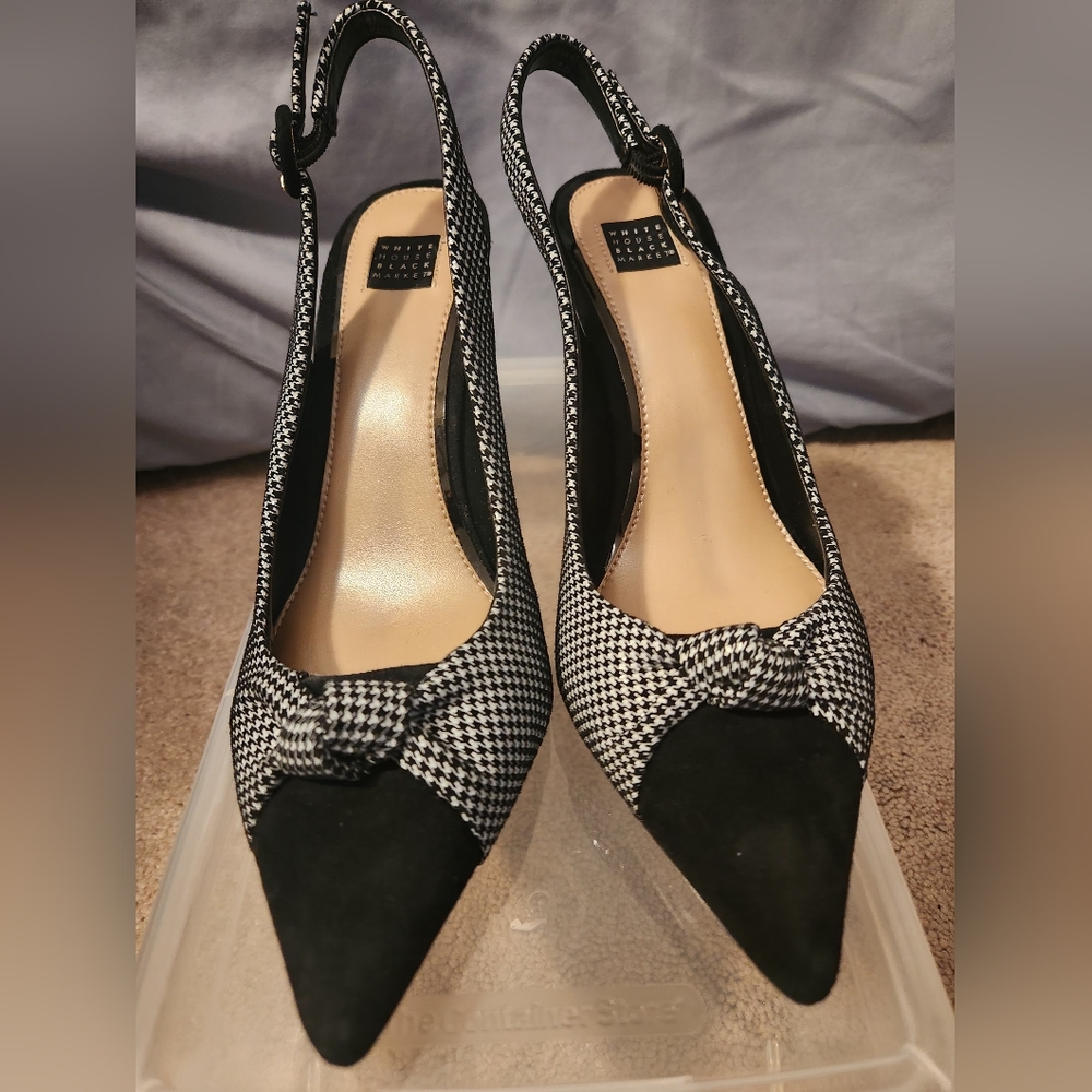 Black and white sling back heels